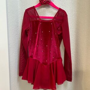 Girls Red Velvet & Mesh Long-Sleeve Skater Dress